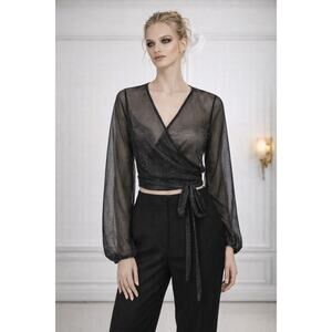 ✨ John John Sheer Metallic Mesh Wrap Top | V-Neck Tie Cover Blouse | Size S